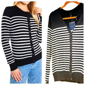NEW! LANDS' END Navy White Nautical Striped Knit Cardigan Sweater Medium.